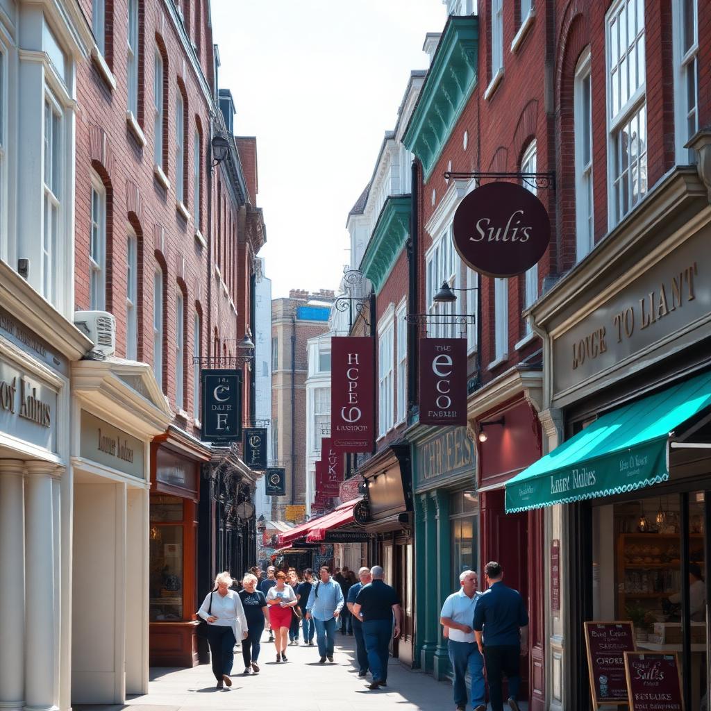 Bustling UK high street with independent shops, cafes and restaurants